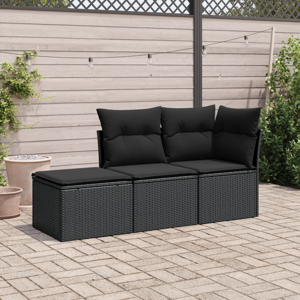 vidaXL Gartenlounge-Set 3-tlg. Garten-Sofagarnitur mit Kissen Schwarz Poly Rattan, (3-tlg)