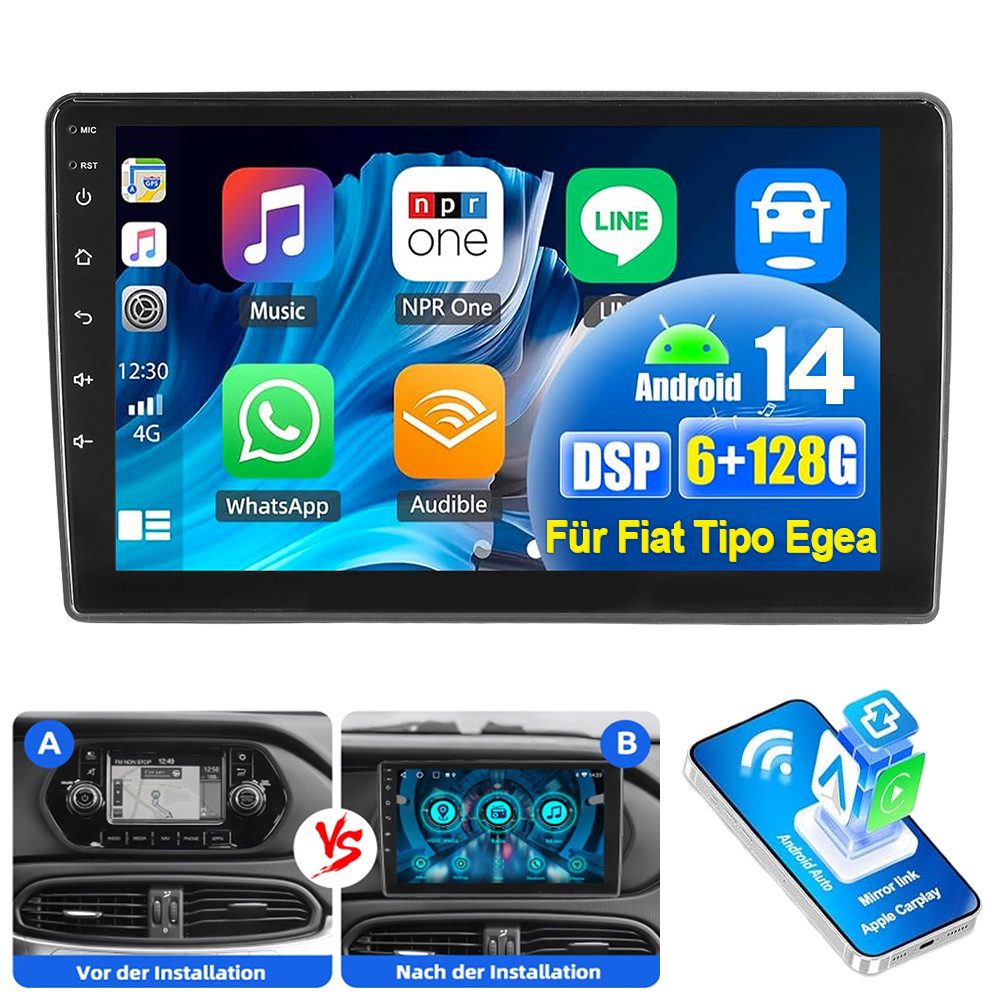 ESSGOO Android 14 6+128G Autoradio Carplay GPS Für Fiat Tipo Egea 2015-21 4G Autoradio (Digitalradio (DAB), RDS, 6GB+128GB, AM, FM, Carplay Android Auto Bluetooth EQ USB GPS Navi WIFI Touchscreen)