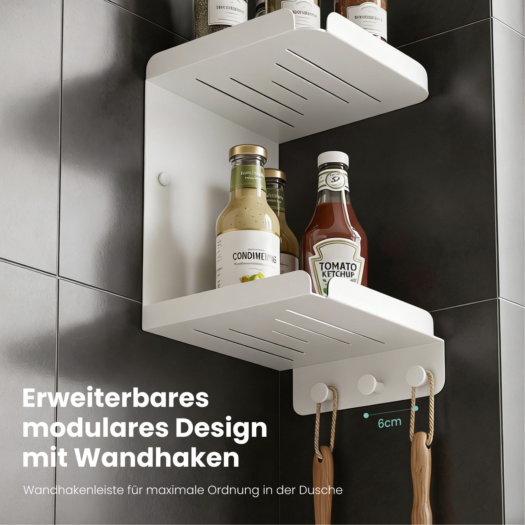 Mai & Mai Duschablage Duschregal 2-stöckig mit 3 Haken Wandmontage 22 x 22 x 33,1cm Reglo-14, Platzsparendes 2-stufiges Eckdesign,mit 3 integrierten Haken