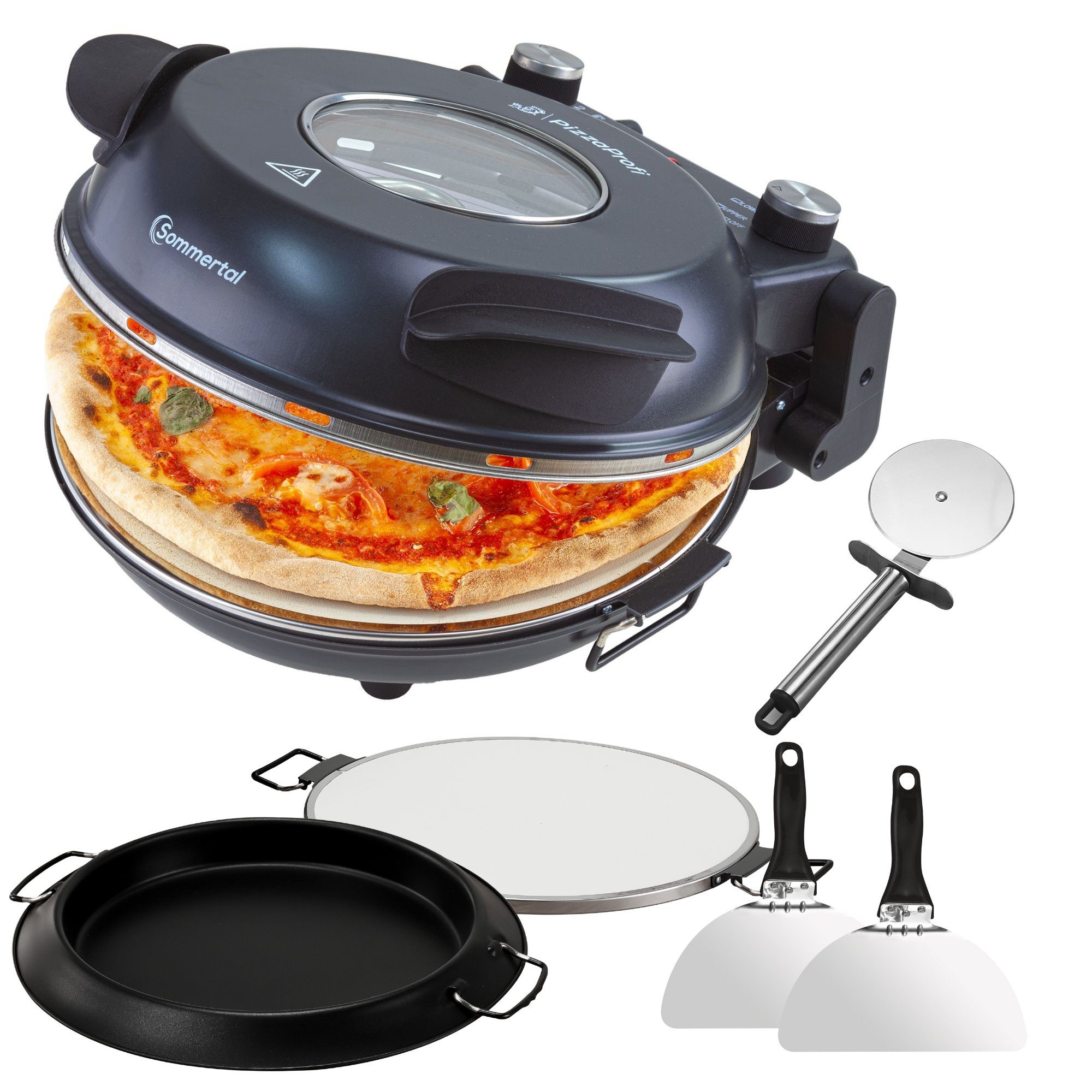 Sommertal Pizzaofen Sommertal PizzaProfi Pizzaofen, 32cm Pizzastein, mit Pfanneneinsatz, 2x Pizzaschieber, Pizzaschneider, Steinplatte