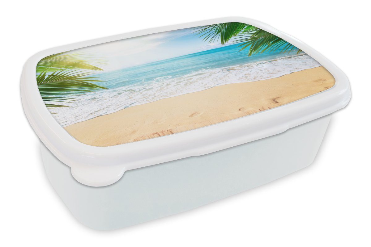 MuchoWow Lunchbox Strand - Sand - Meer - Palme, Kunststoff, (2-tlg), Brotbox für Kinder und Erwachsene, Brotdose, für Jungs und Mädchen weiß