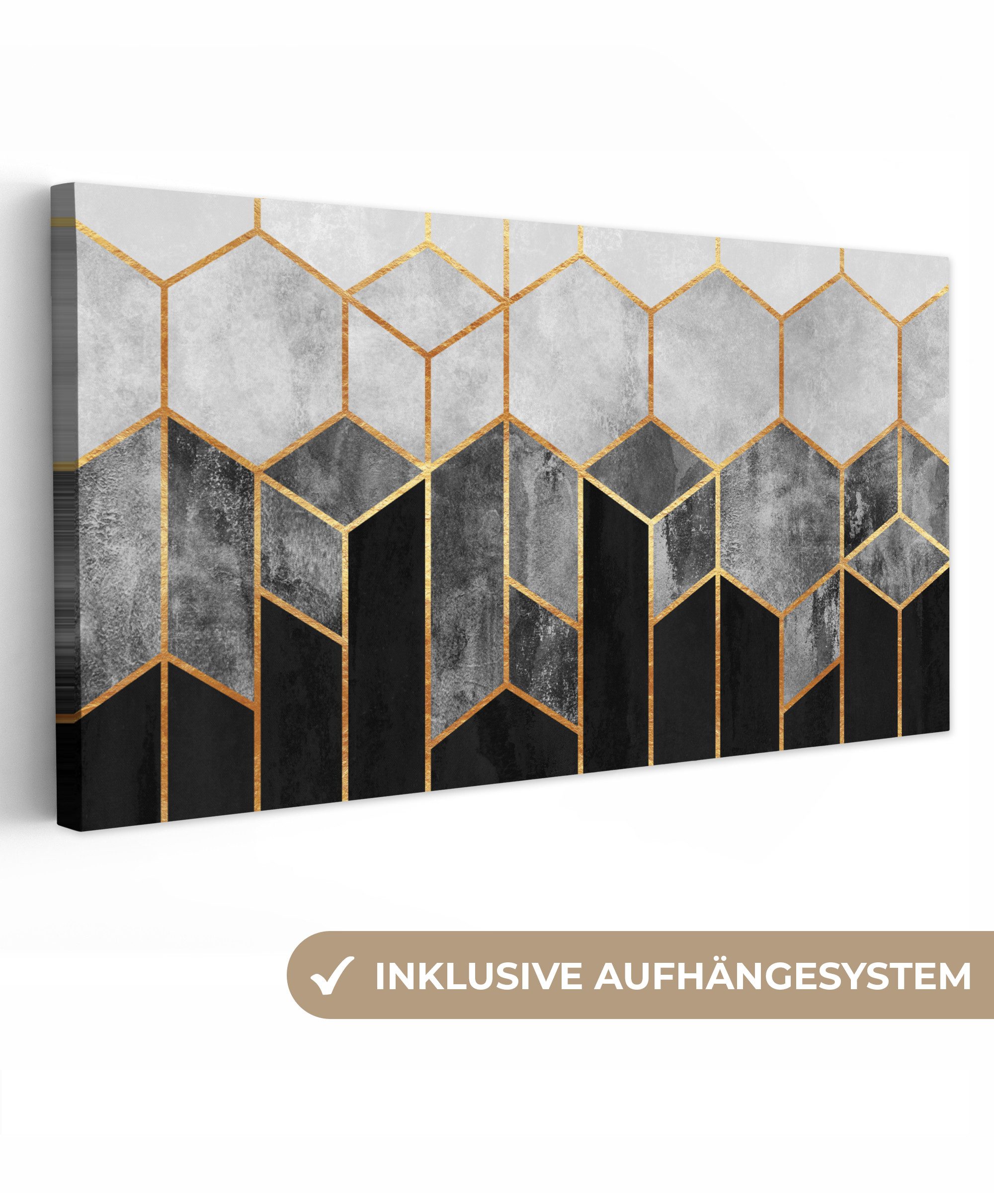 OneMillionCanvasses® Leinwandbild Panorama Gold - Sechseck - Chic - Muster - Luxus, Fotodruck (1 St), Wandbild, Deko Schlafzimmer Wohnzimmer Flur 40x20 cm