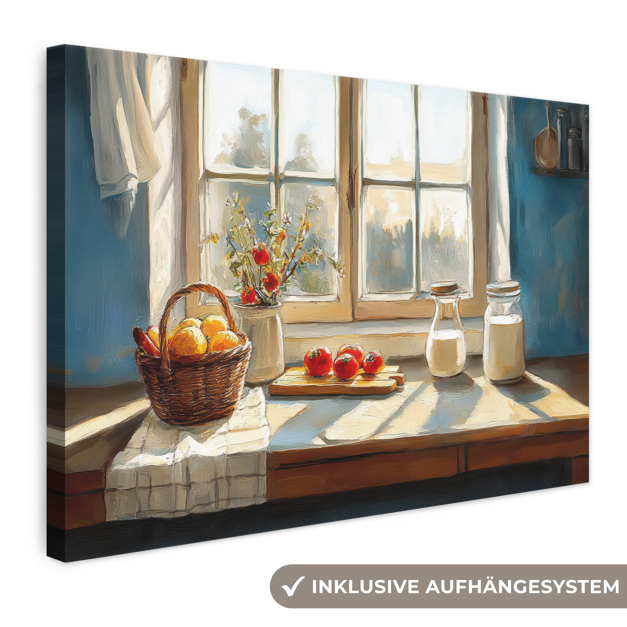 OneMillionCanvasses® Leinwandbild Stillleben - Küche - Fensterblick - Fenster - Vintage, Fotodruck (1 St), Leinwand Bilder Klein, Wand Dekoration Aesthetic 30x20 cm
