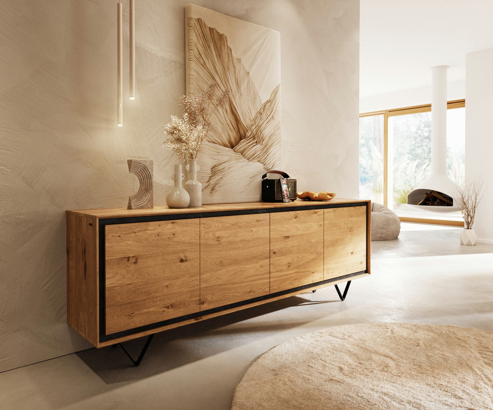DELIFE Sideboard Stonegrace, Eiche Natur 200 cm 4 Türen Steinfurnier V-Fuß Metall Schwarz Sideboard