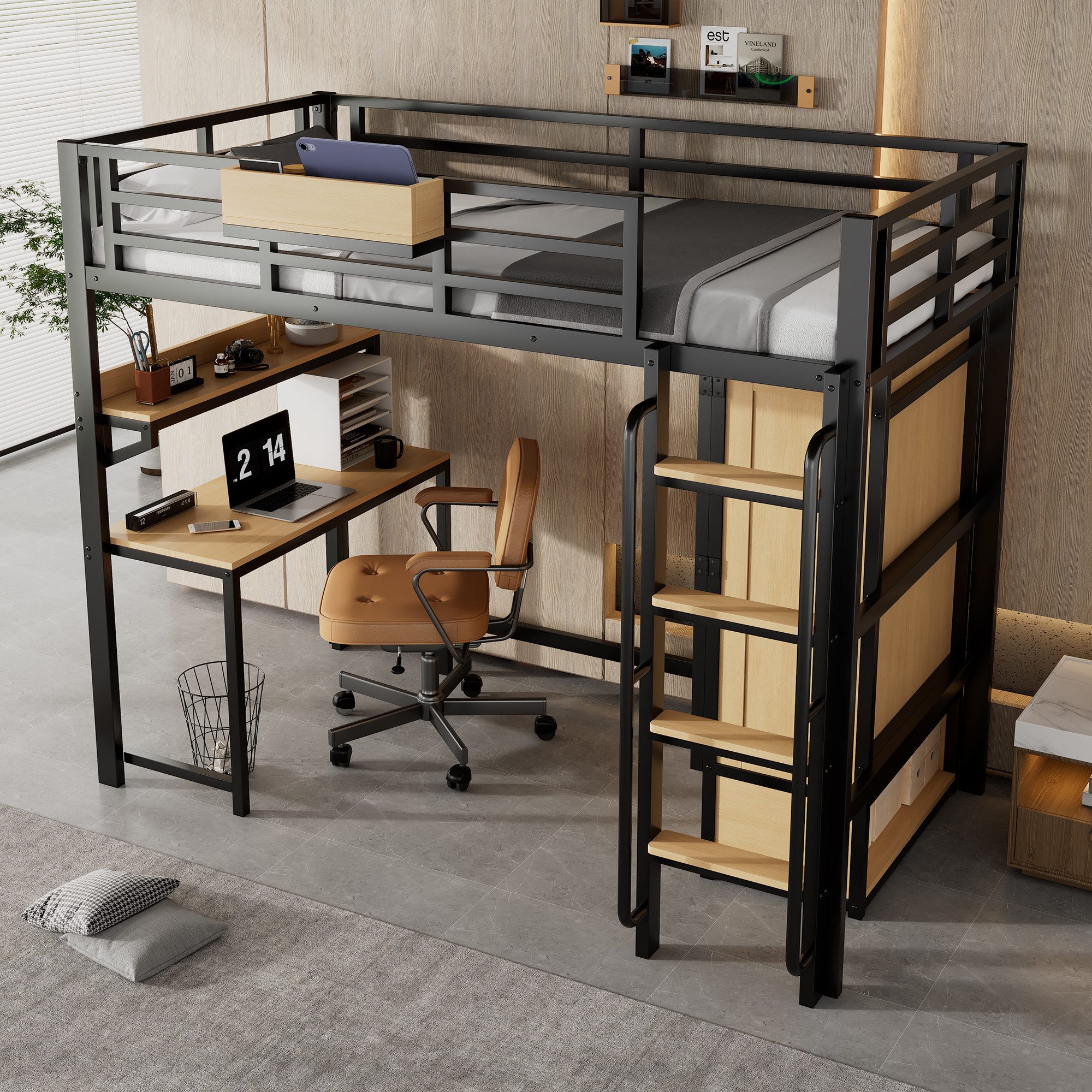 HAUSS SPOLE Kinderbett 90x200 mit Schreibtisch,Jugendbett Bettgestell mit Aufbewahrungsregal (mit Doppeltür-Kleiderschrank, Treppe mit Handläufen und integriertem Schreibtisch, 90x200cm), ohne Matratze