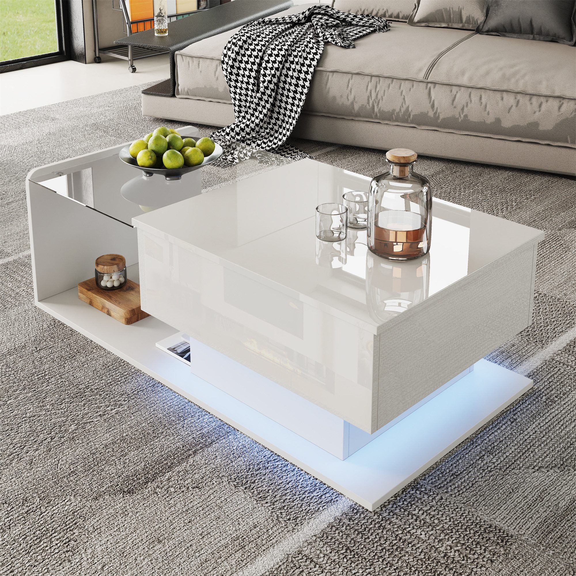 Merax Couchtisch hochglanz Sofatisch höhenverstellbar Beistelltisch mit LED-Beleuchtung (1-St., 100 L x 50 B x 33/47,5 H cm), Wohnzimmertisch mit Glasplatte & v – Bild 3 von 5