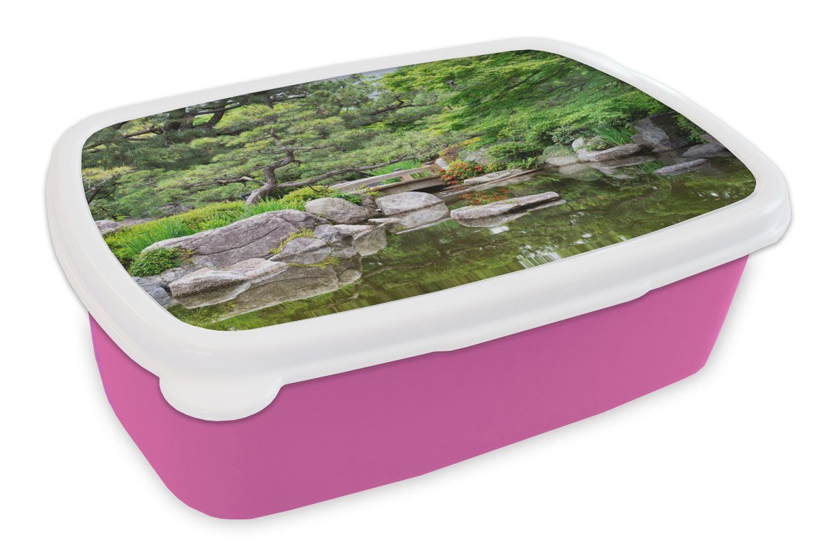 MuchoWow Lunchbox Japanisch - Natur - Wasser - Steine - Bäume, Kunststoff, (2-tlg), Brotbox für Erwachsene, Brotdose Kinder, Snackbox, Mädchen, Kunststoff rosa