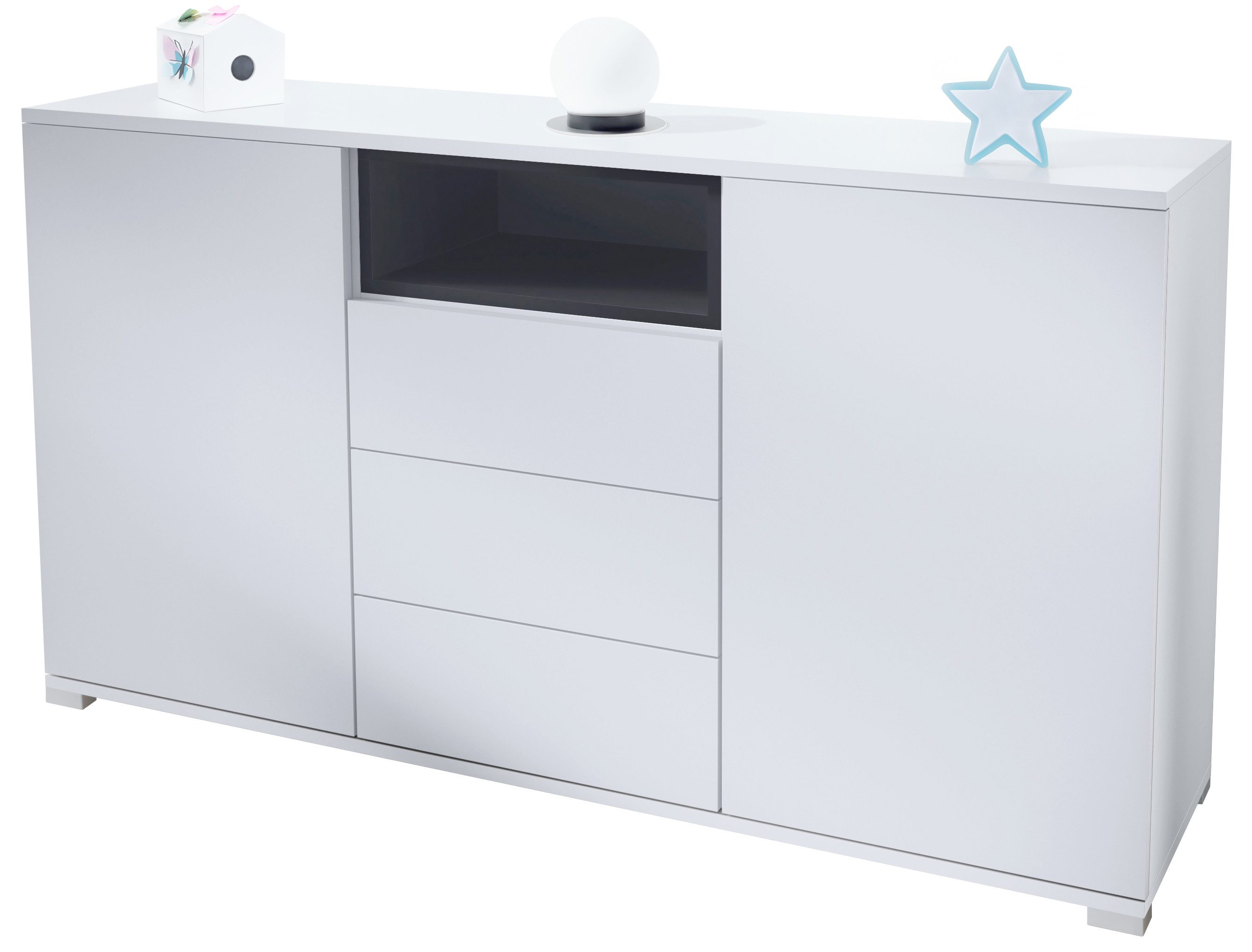 Vladon Sideboard Skadu V2 (Kommode, mit 2 Türen, 3 Schubladen und 1 offenem Fach), Weiß matt/Schwarz matt (138,5 x 75,5 x 35 cm)