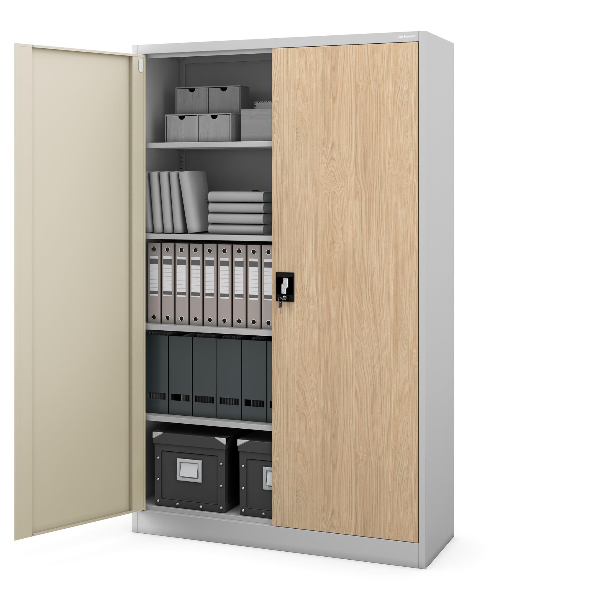 Jan Nowak Aktenschrank Metall Büroschrank abschließbar 115 cm JAN II 5 Böden Stahl (Ordnerschrank Kanzlei Praxis Büro Sozialraum Kleiderstange, Pulverbeschichtet 0,6 mm 185 x 115 x 45 cm Wandmontage 60 Ordner) Schloss 2 Schlüssel robust langlebig 14 Farben