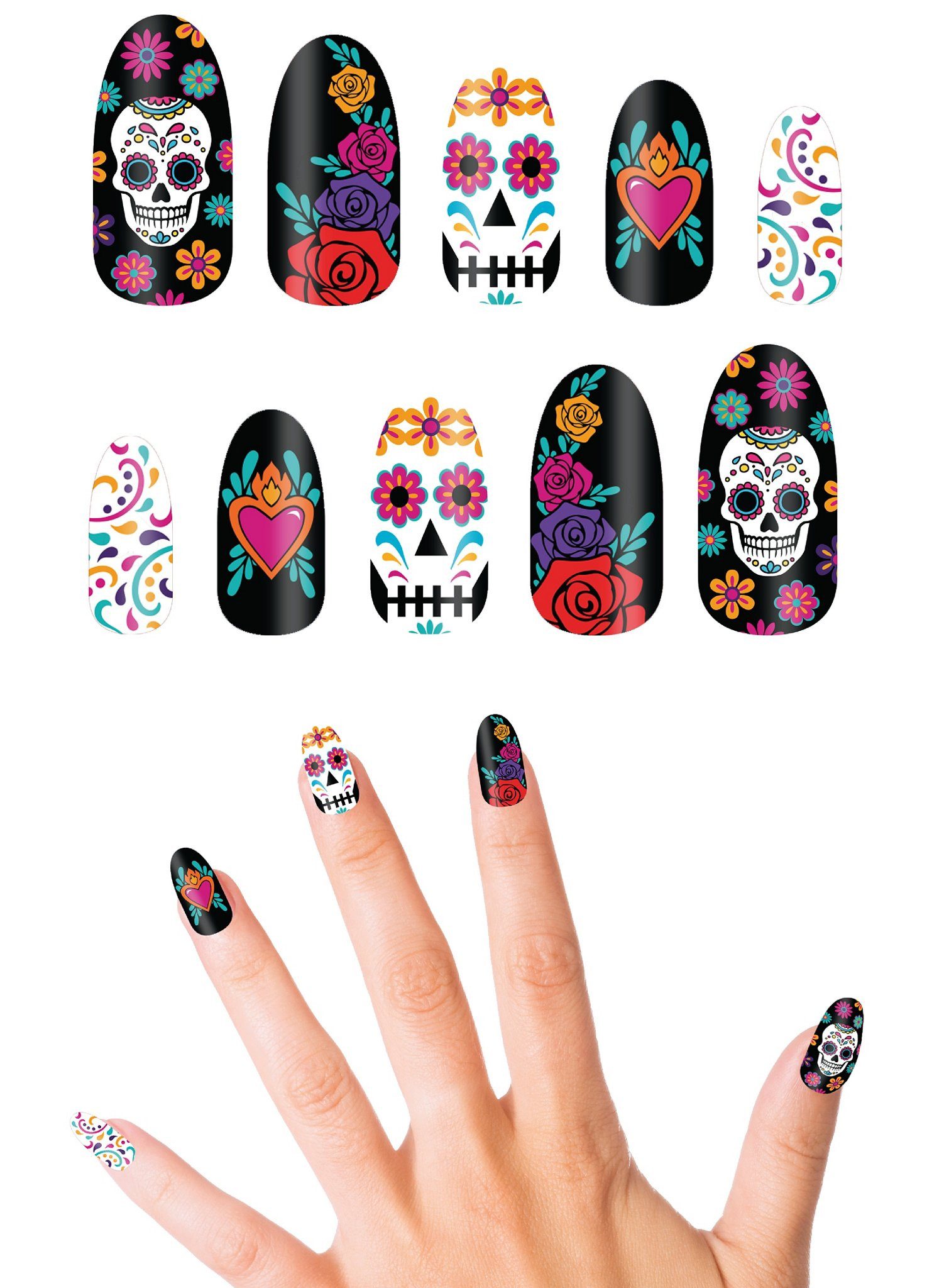 Metamorph Kunstfingernägel Dia de los Muertos Fingernägel, Künstliche Nägel mit markanten Catrina-Motiven
