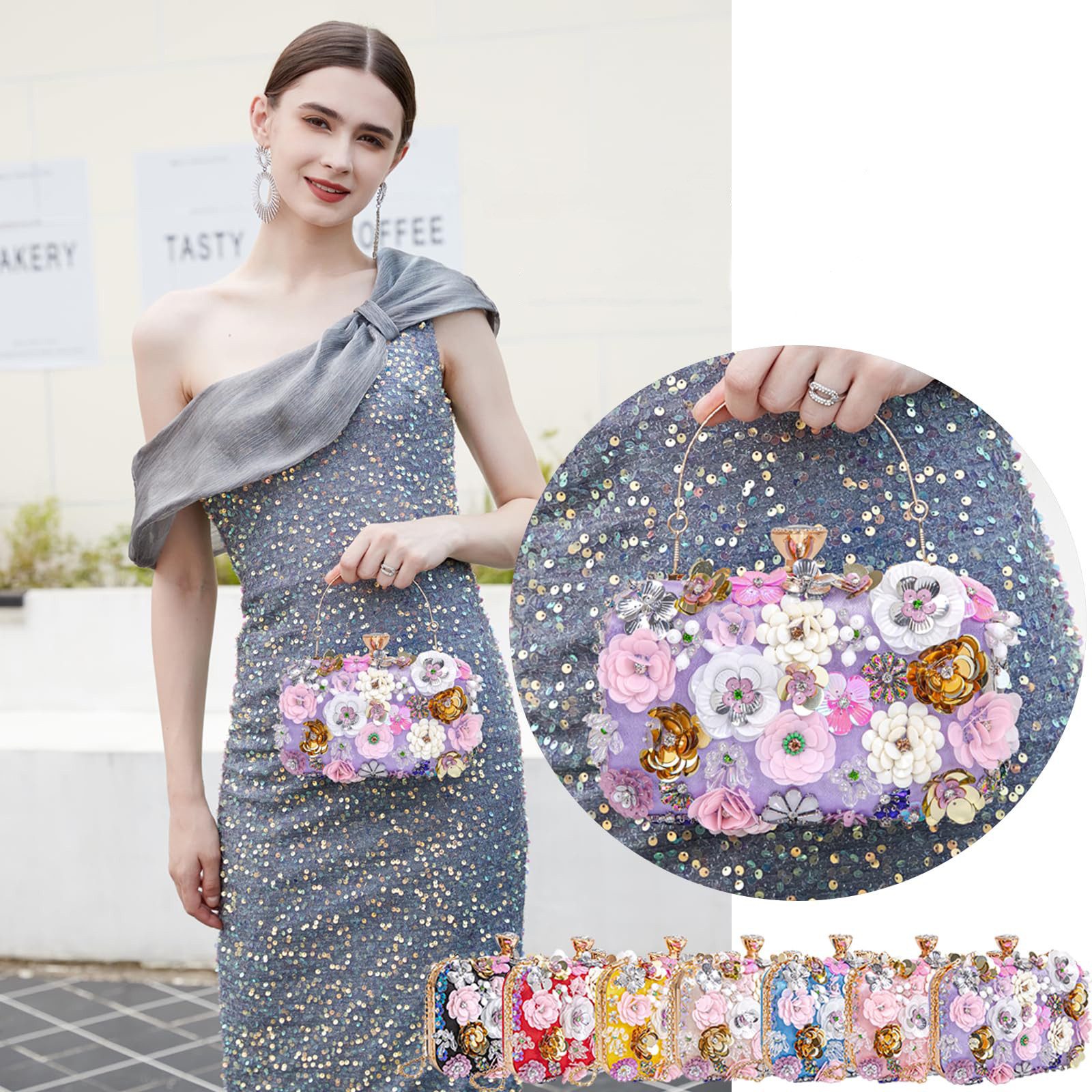 Zaewry Abendtasche Damen-Clutch mit Blumenmuster, Abendhandtasche, Schultertasche, mit Kettenriemen