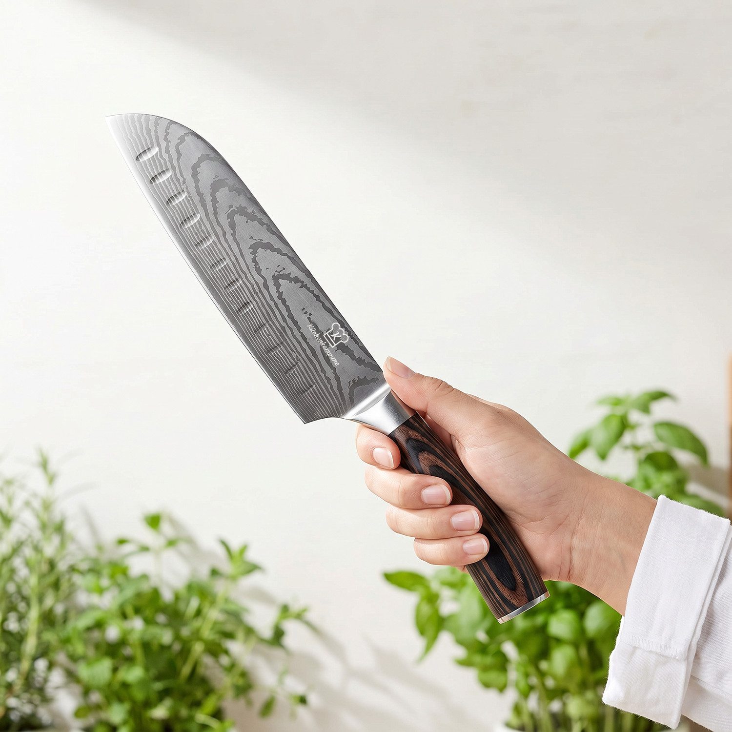Küchenkompane Fleischmesser Profi Santokumesser – 18 cm – Pakkaholz-Griff – Damast-Optik