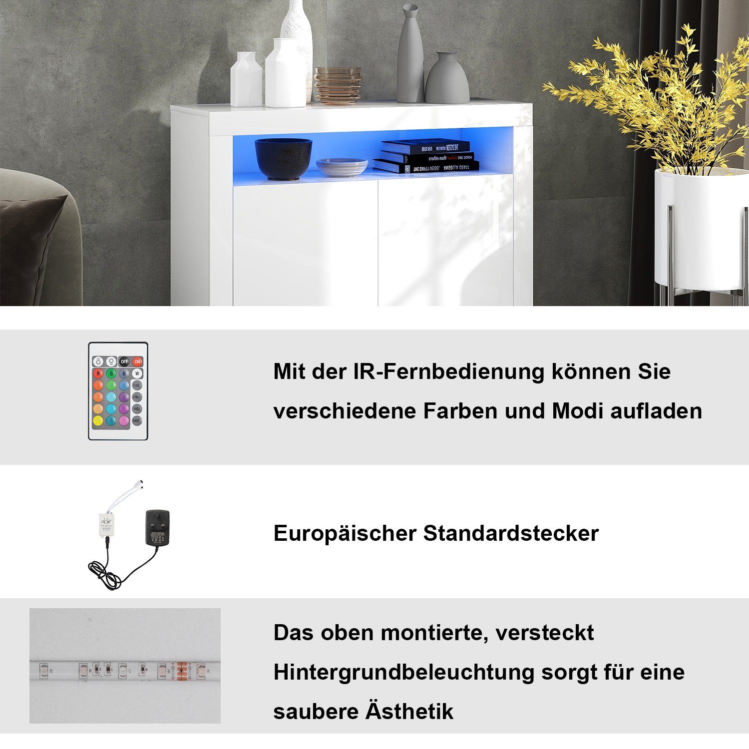 Merax Kommode Bifrost, Sideboard in Hochglanz weiß mit LED-Beleuchtung inkl. Fernbedienung
