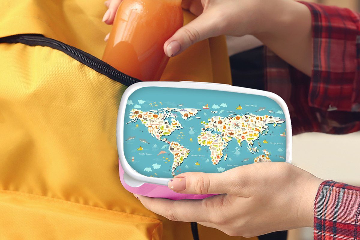 MuchoWow Lunchbox Weltkarte - Kinder Kinder, Mädchen, Mädchen, Erwachsene, - Kunststoff rosa für Brotbox - (2-tlg), Jungen Brotdose Kunststoff, - Kinder Tiere - Snackbox