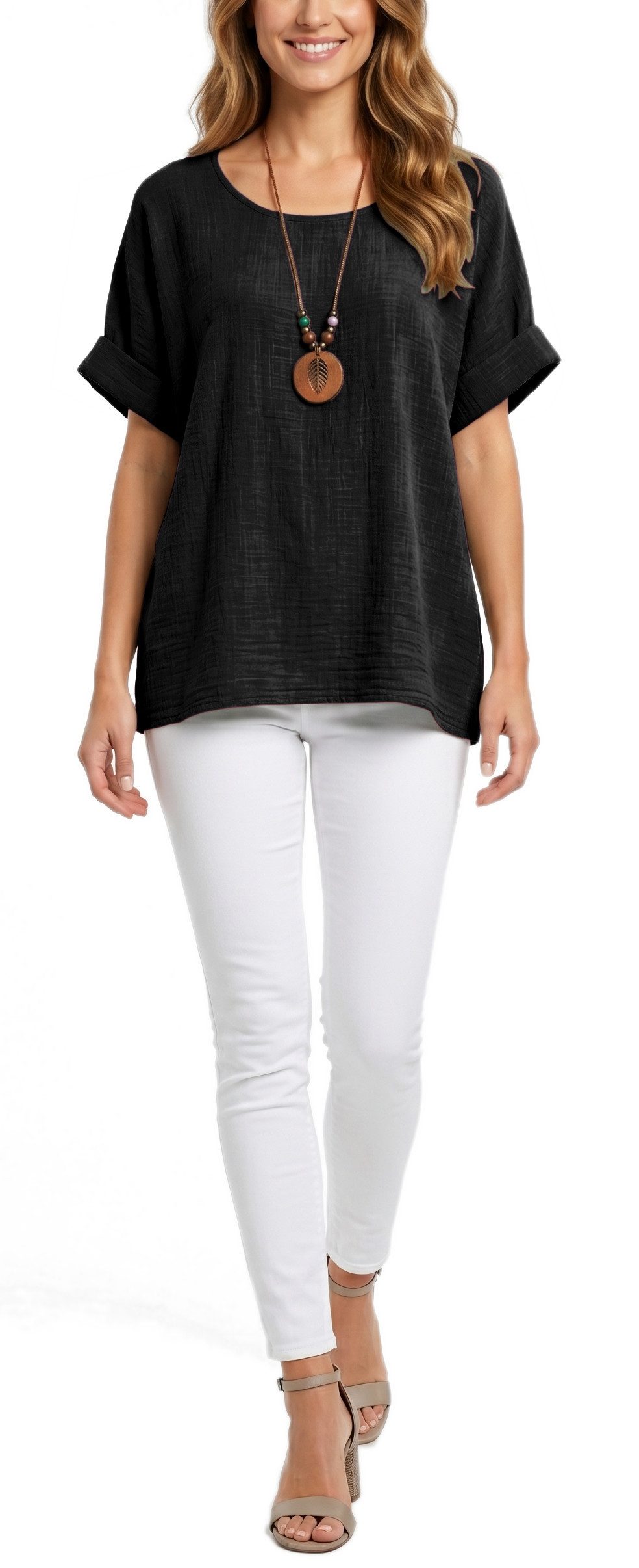 dy_mode Kurzarmbluse Damen Kurzarm Bluse Leichte Sommer Tunika Baumwollbluse Oberteil in Unifarbe, mit passende Kette