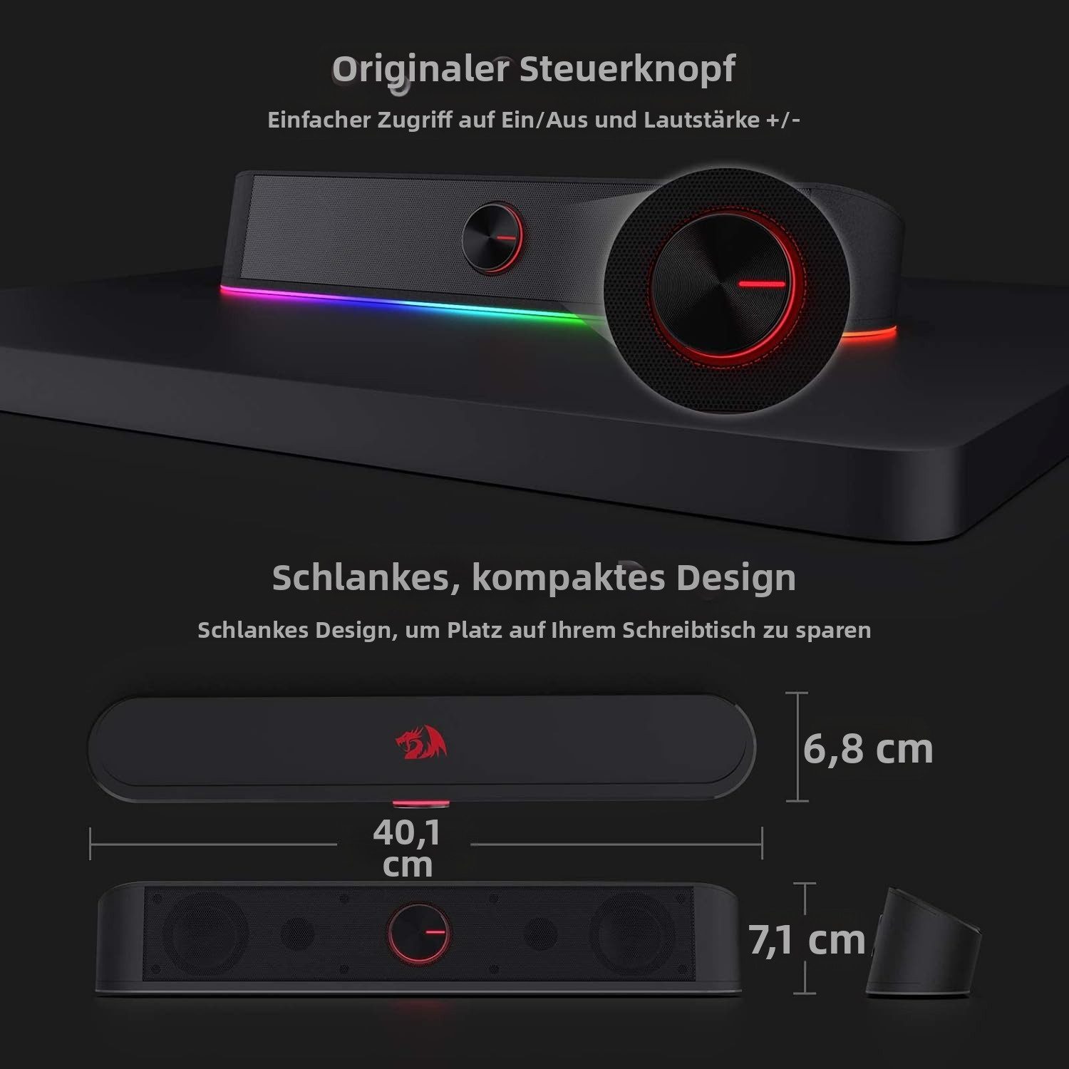 Redragon GS560 RGB Soundbar Schwarz – Satter Klang Soundbar (4 LED-Modi & Plug & Play via 3,5mm+USB für PC/TV/Laptop)