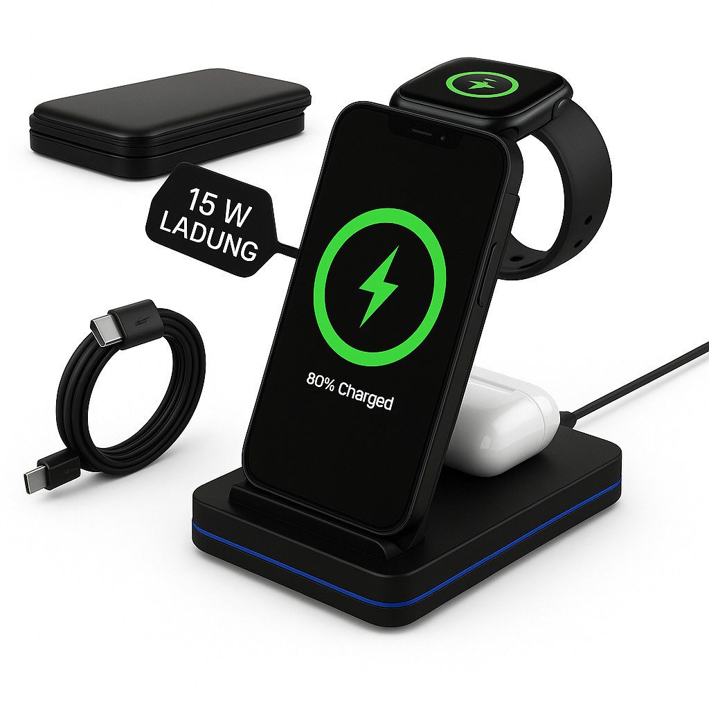Alpha Electronics Kabelloses Ladegerät 3in1 Wireless Charger Induktions-Ladegerät (1500 mA, Spar-Set, 2-tlg., Universelle QI Kompatibilität, Ladestation für iPhone 17/16/15 für Apple Watch Ultra 10 9 8 Air Pods)