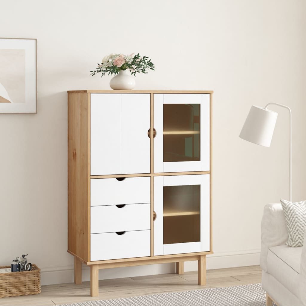 furnicato Highboard Sideboard aus massivem Kiefernholz Braun Weiß 85x43x125 cm (1 St)
