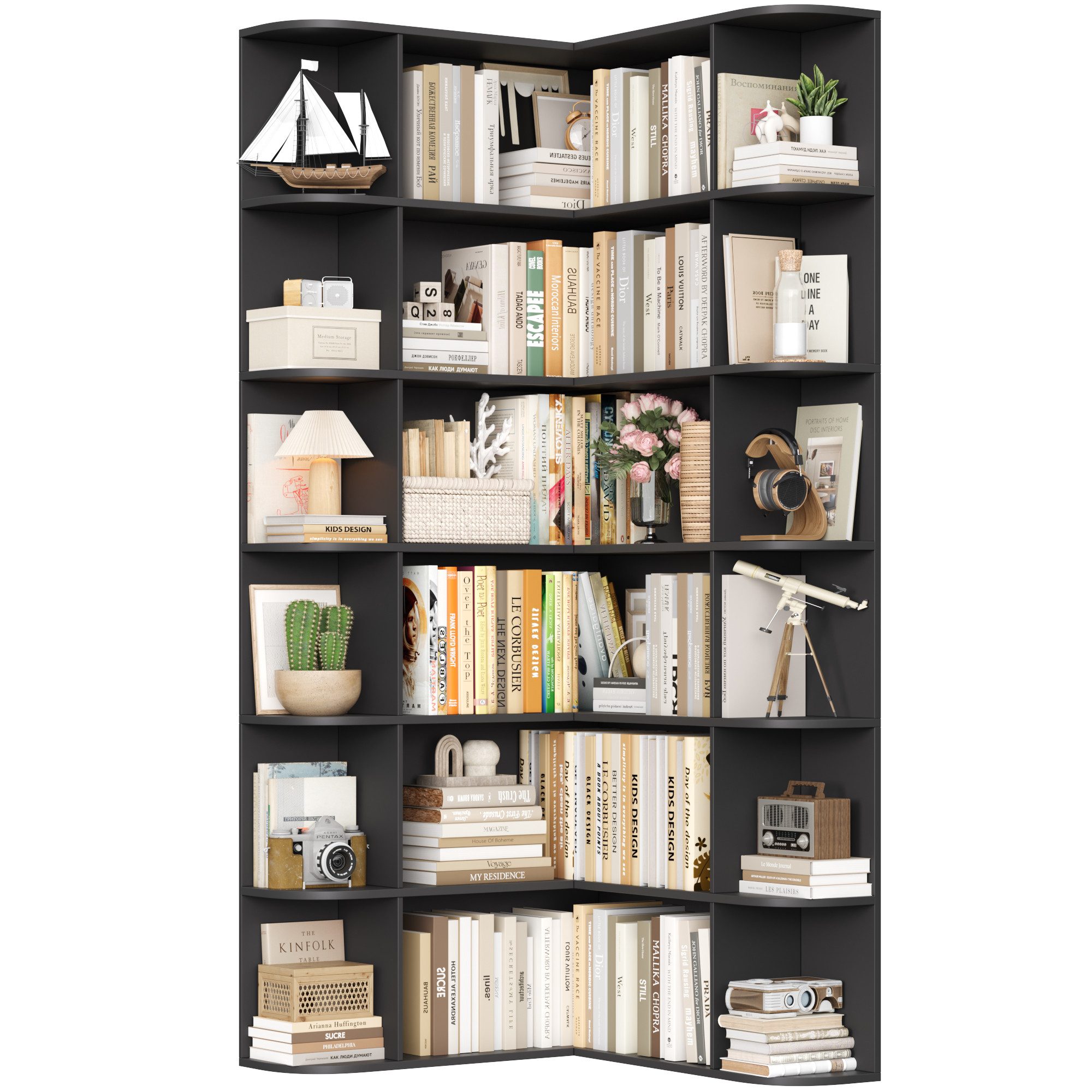 Homfa Bücherregal 185 cm Eckregal Bücherschrank Eckbücherregal, Standregal L-förmiger Eckschrank 80 x 84 x 185 cm, schwarz