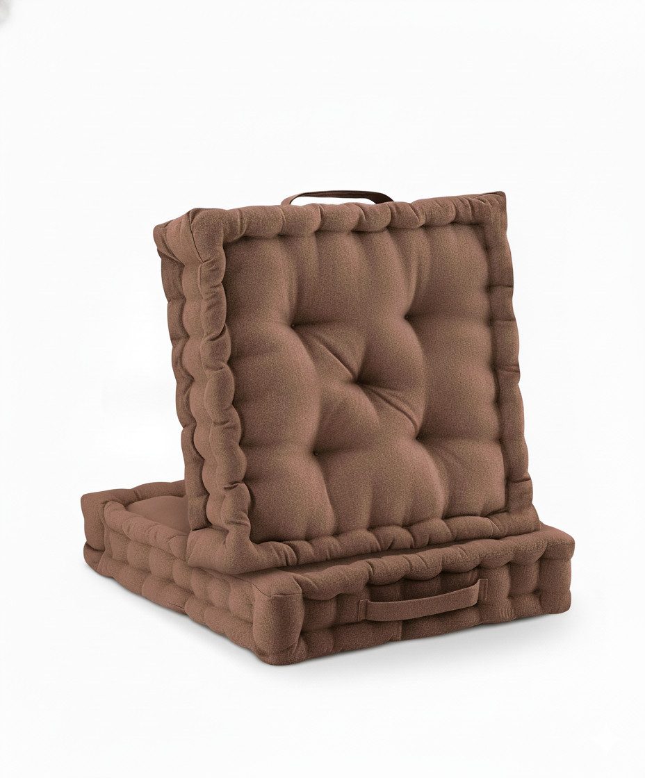 Beautissu Stuhlkissen 2er Set Bodenkissen Sitzkissen Mila, 50x50cm, Braun, Matratzenkissen 10cm, 100% Baumwolle Stuhlkissen Indoor & Outdoor