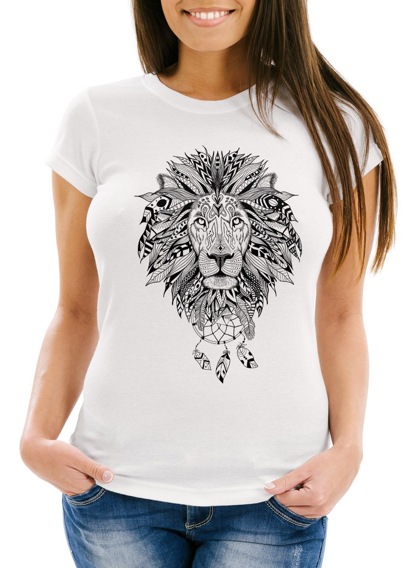Print-Shirt Damen T-Shirt Löwe Lion Ethno Atzekenmuster Boho Atzec Traumfänger
