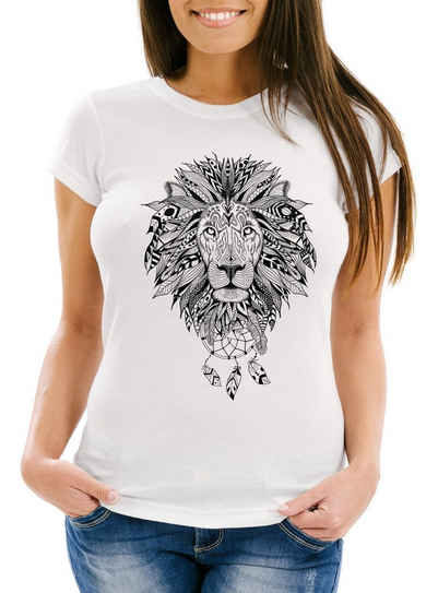 Neverless Print-Shirt Damen T-Shirt Löwe Lion Ethno Atzekenmuster Boho Atzec Traumfänger Neverless® mit Print