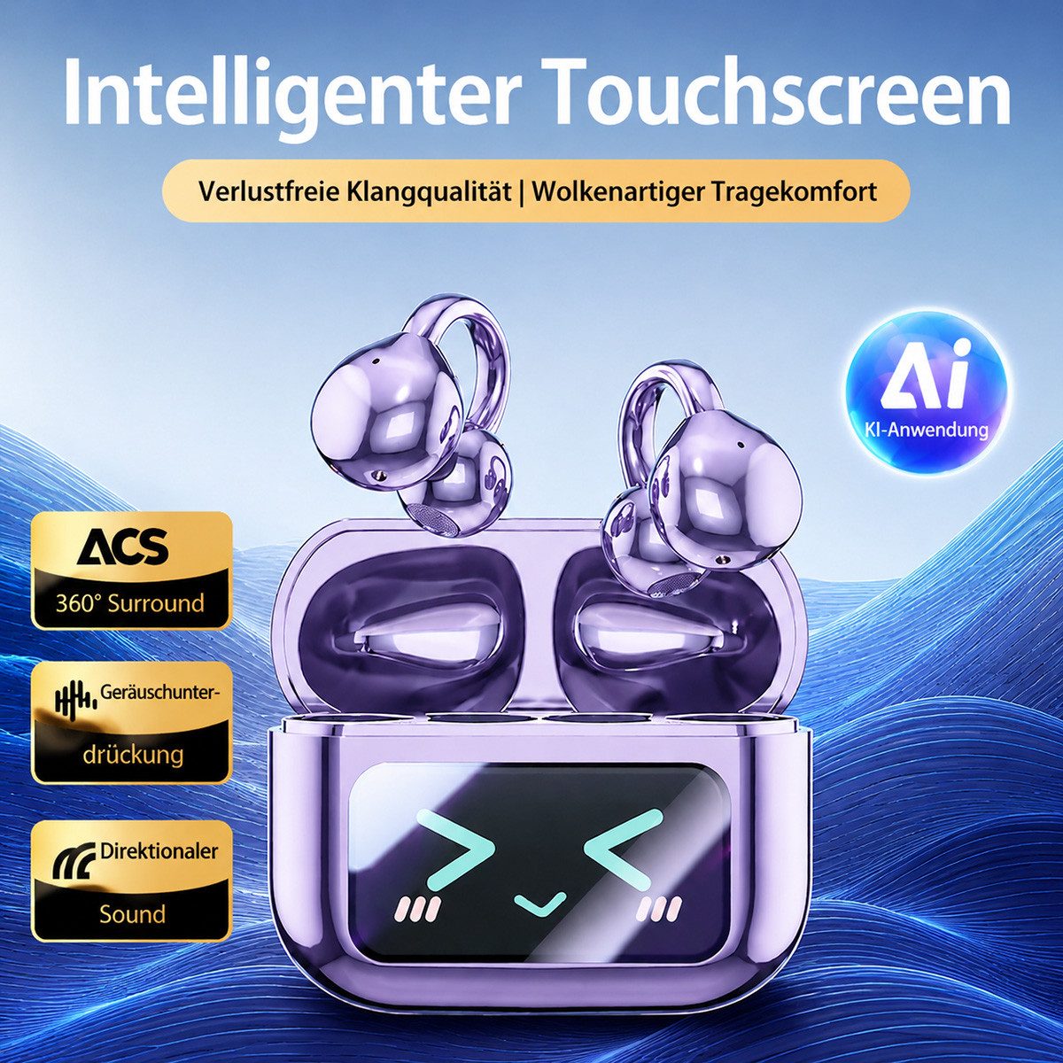 Vashoy Offene Bluetooth-Ohrclip-Kopfhörer mit KI-Übersetzung & Protokoll Bluetooth-Kopfhörer (Echtzeit-Übersetzungsfunktion, Mit Protokollfunktion, Drahtlose Verbindung Bluetooth, 5.4 Bluetooth, wasser- und winddicht, Ohrclip-Design,mit Display)