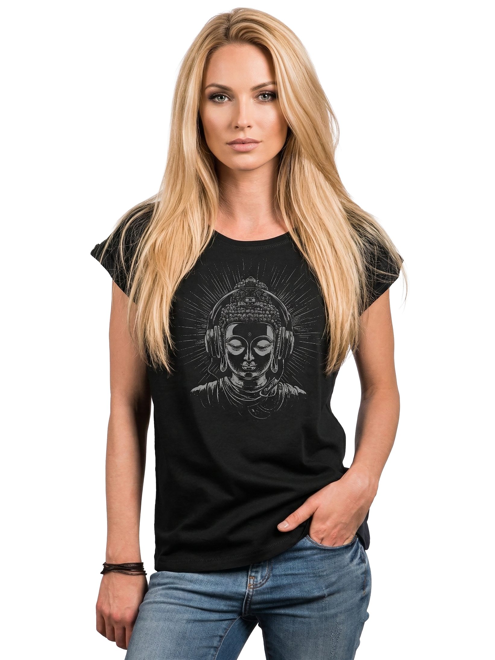 MAKAYA Print-Shirt Damen Buddha Motiv Kopfhörer Yoga Frauen Tops Sportlich Lässig Modern (Schwarz, Blau, Grau, 34, 36, 38, 40, 42, 44, 46, 48, 50) aus Baumwolle