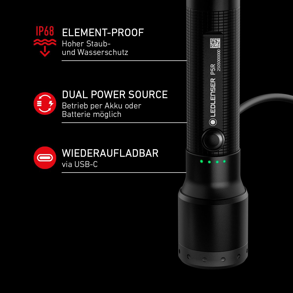 Ledlenser Taschenlampe P5R, bis 750 Lumen, 280m Leuchtweite, IP68, 20 Std Laufzeit, USB-C