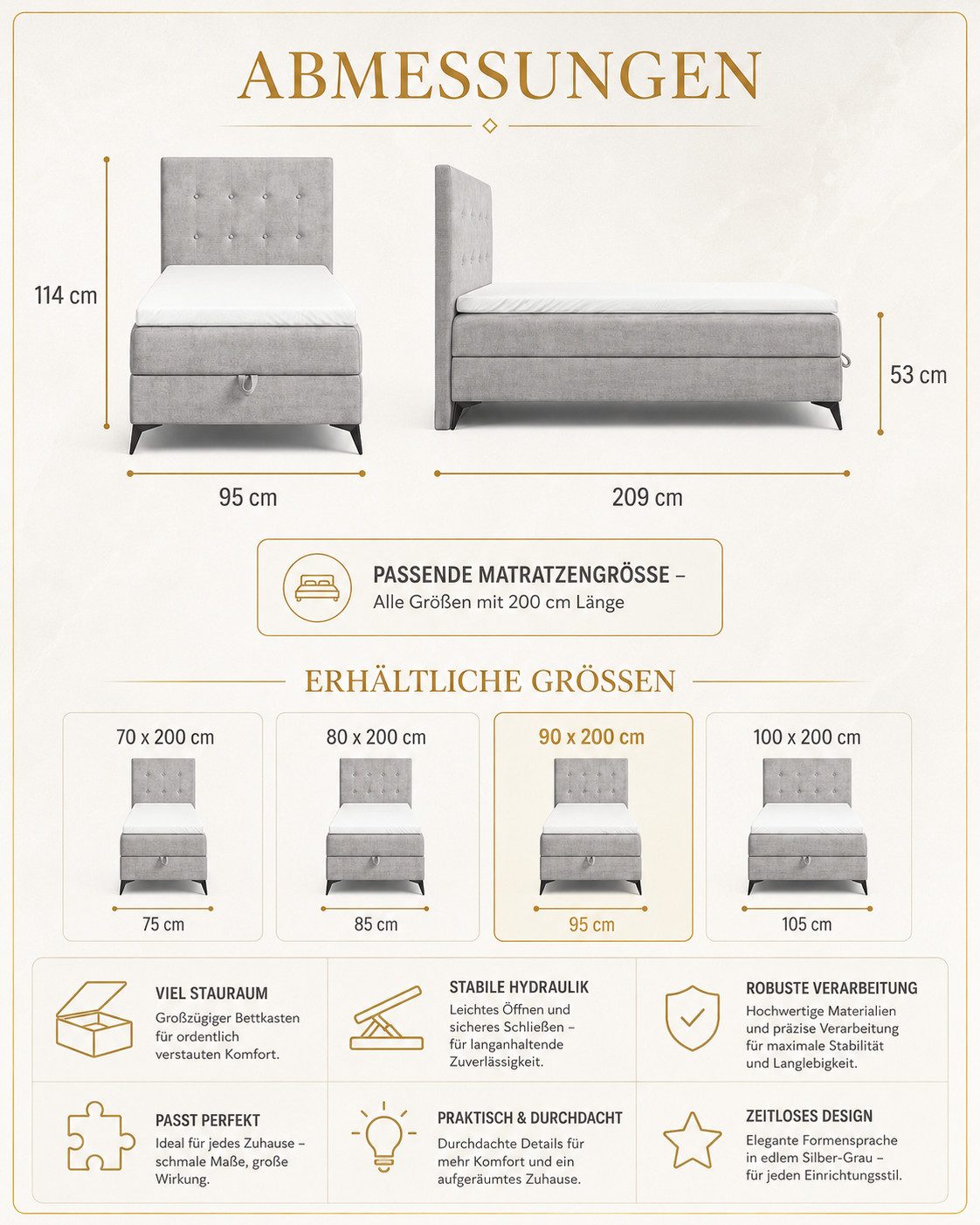 Best for Home Boxspringbett K15 Single SLIM mit Bettkasten & Bonellfederkern, Topper H3 (Boxspringbett Set, 1-St., 70x200 80x200 90x200 100x200 cm), mit oder ohne Topper, Flexible Liefermöglichkeiten, Handwerksqualität