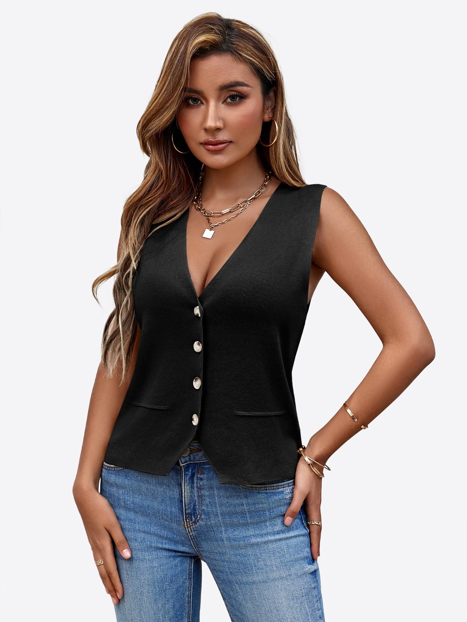 Imily Bela Strickweste Damen Knopfleisten-Weste ohne Ärmel (Packung, 1-tlg., 1per-Pack) mit Knöpfen