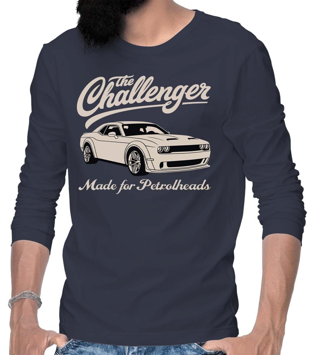 Rebel On Wheels Longsleeve Langarm The Motiv Challenger Auto Herren T-Shirt / Blau mit US-Car