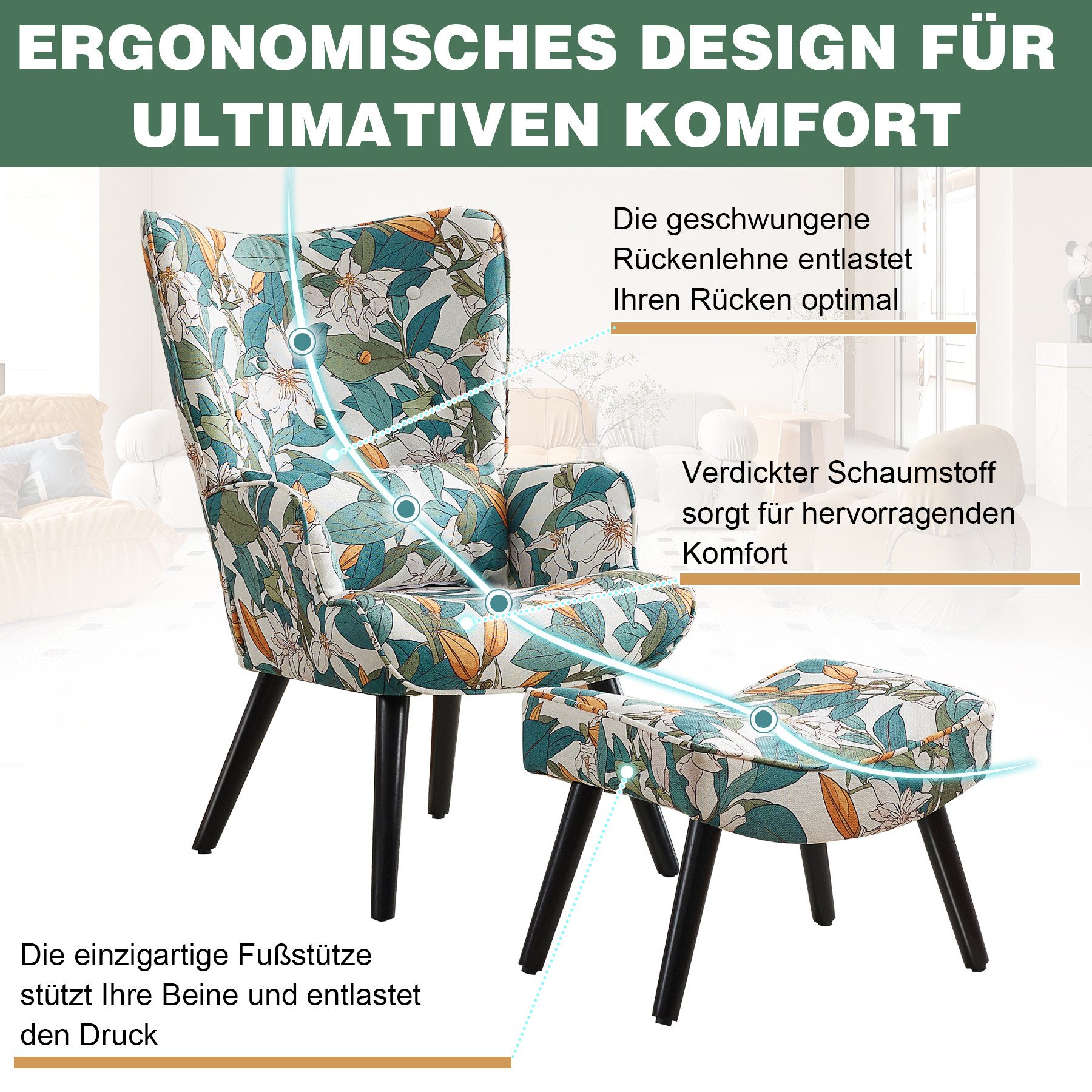 HomeMiYN Ohrensessel Relaxsessel Lehnstühle Patchwork Ohrensessel mit Hocker lesesessel, Chair