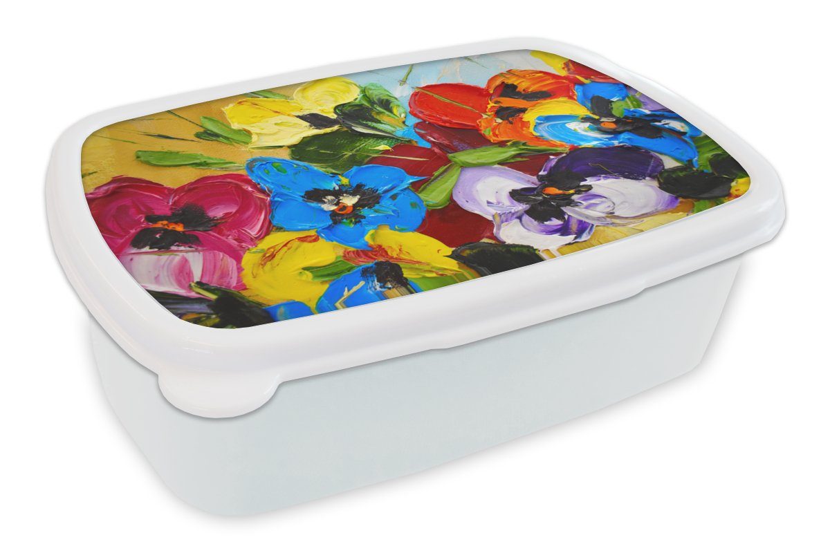 Erwachsene, Kunststoff, MuchoWow und Mädchen Malerei und für - (2-tlg), Jungs Blumen, Brotbox Lunchbox weiß für Ölfarbe Kinder - Brotdose,