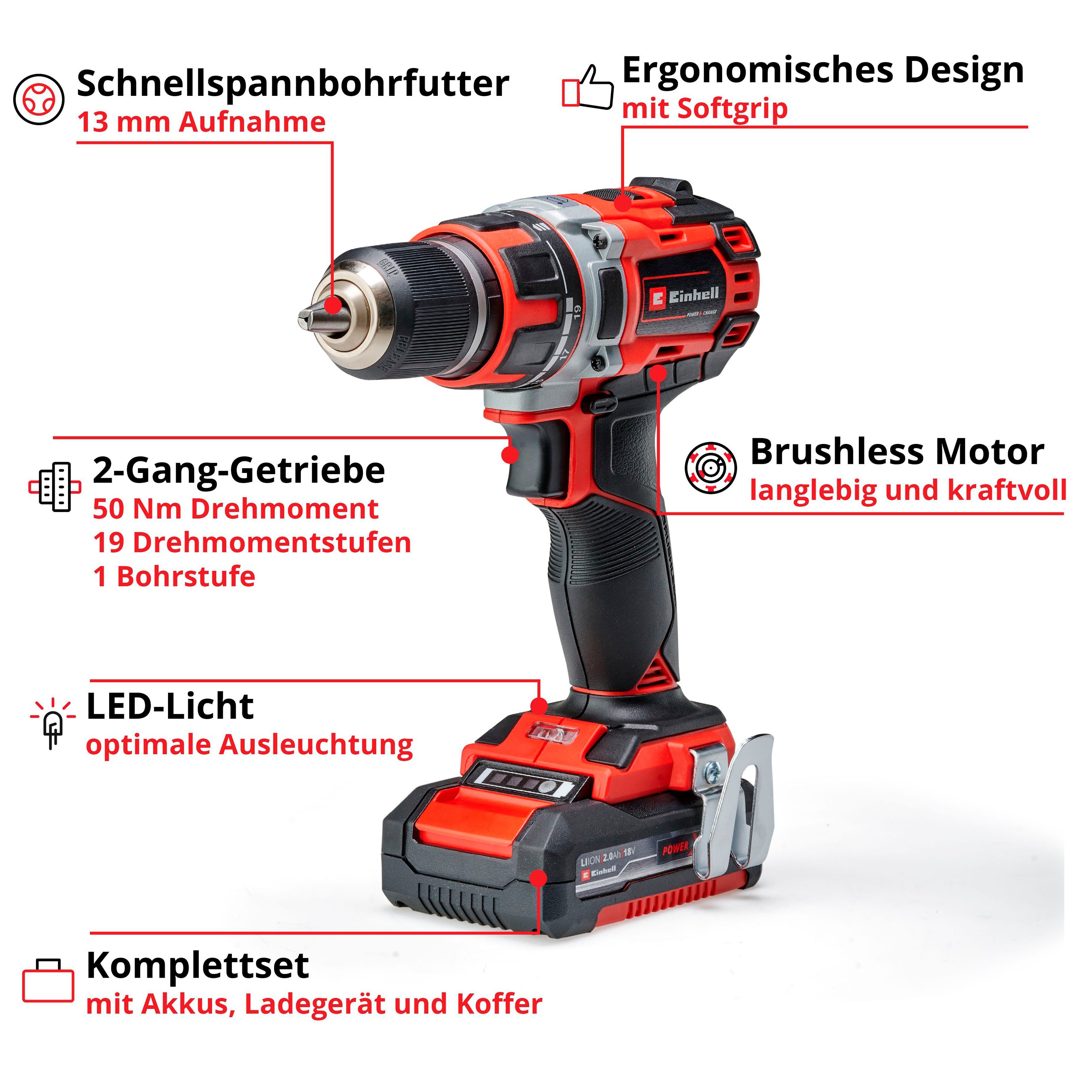 Einhell Akku-Bohrschrauber TE-CD 18/50 Li BL, mit 2 Akkus 18V/2,0Ah, Ladegerät und Aufbewahrungskoffer