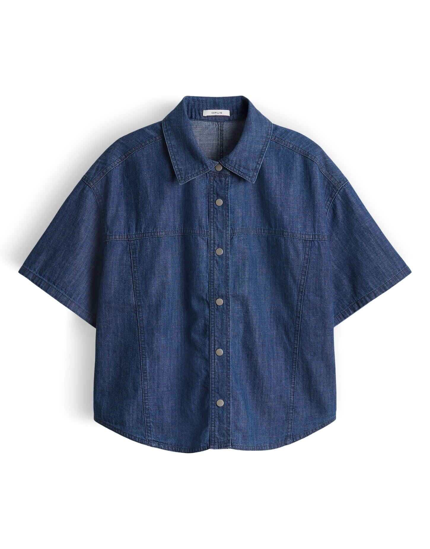 OPUS Kurzarmbluse Ferluna aus Denim mit weiter Passform abgesteppte Teilungsnähte, Rinsed Waschung, leichter Stoff, Casual