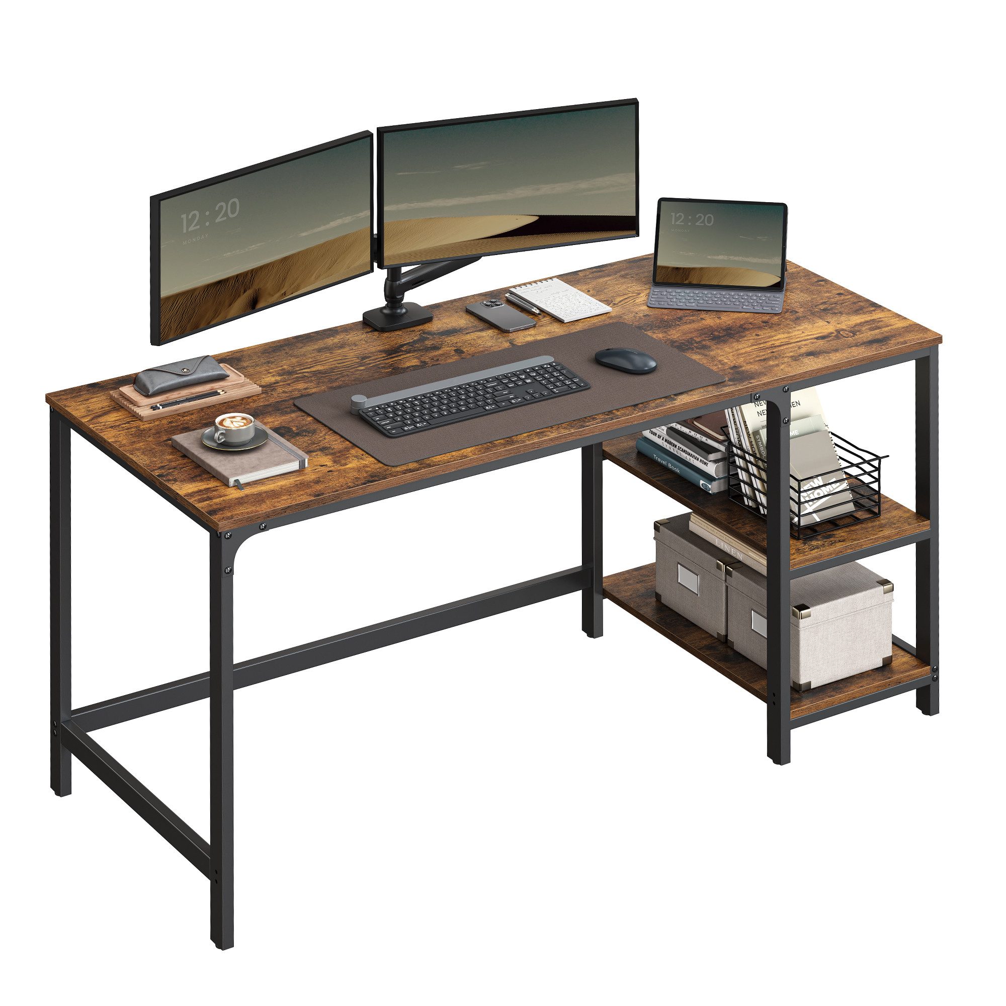 VASAGLE Schreibtisch Computertisch, Tisch, Bürotisch, 100/120/140cm, mit 2 Ablagen, moderner Stil