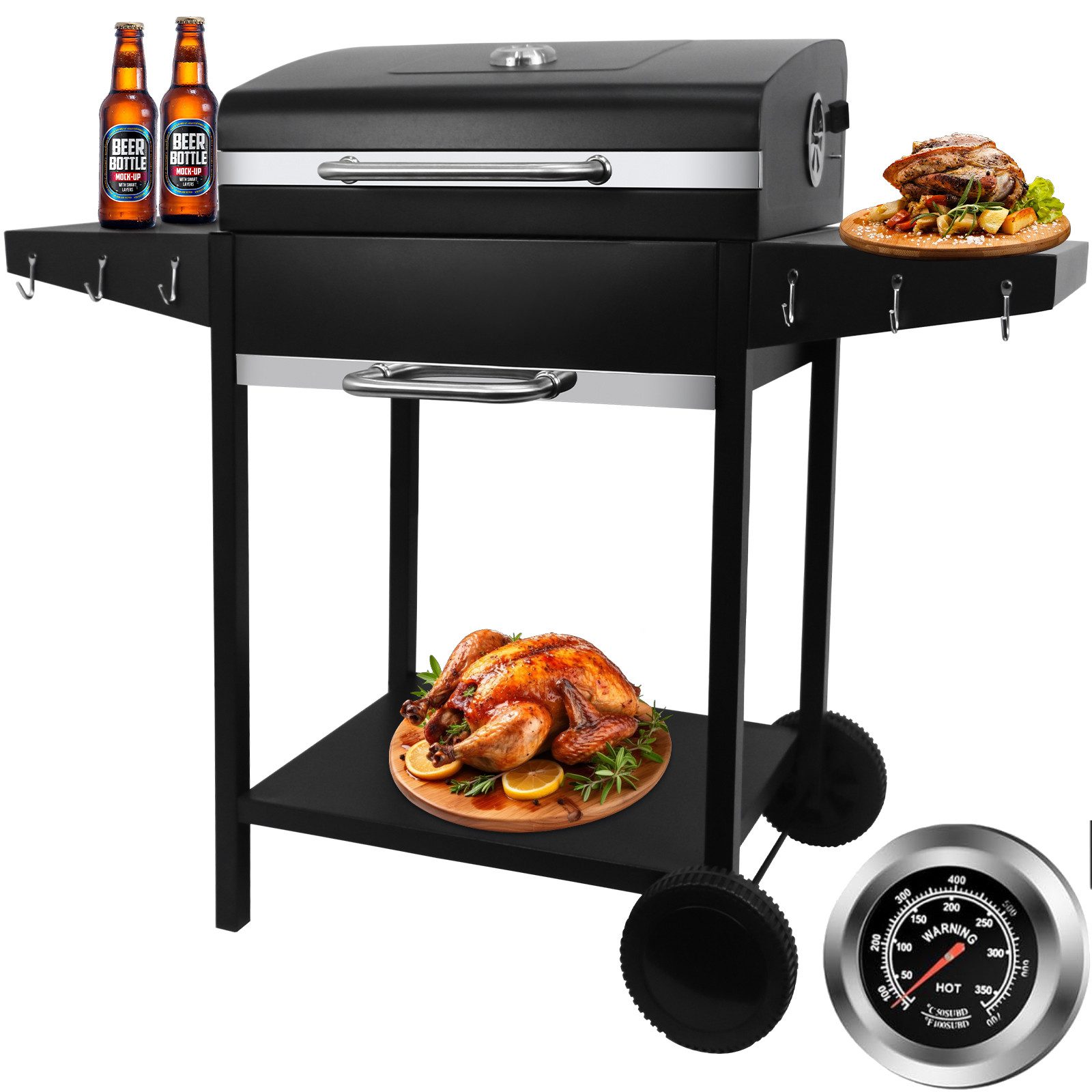 SunJas Holzkohlegrill XXL Grillwagen mit Deckel Thermometer und Doppel-Seitenablagen, grill holzkohle BBQ Grill für Garten und Outdoor-Veranstaltungen, XXL Holzkohlegrill Grillrostmaße 50 x 42 cm für 5-10 Personen
