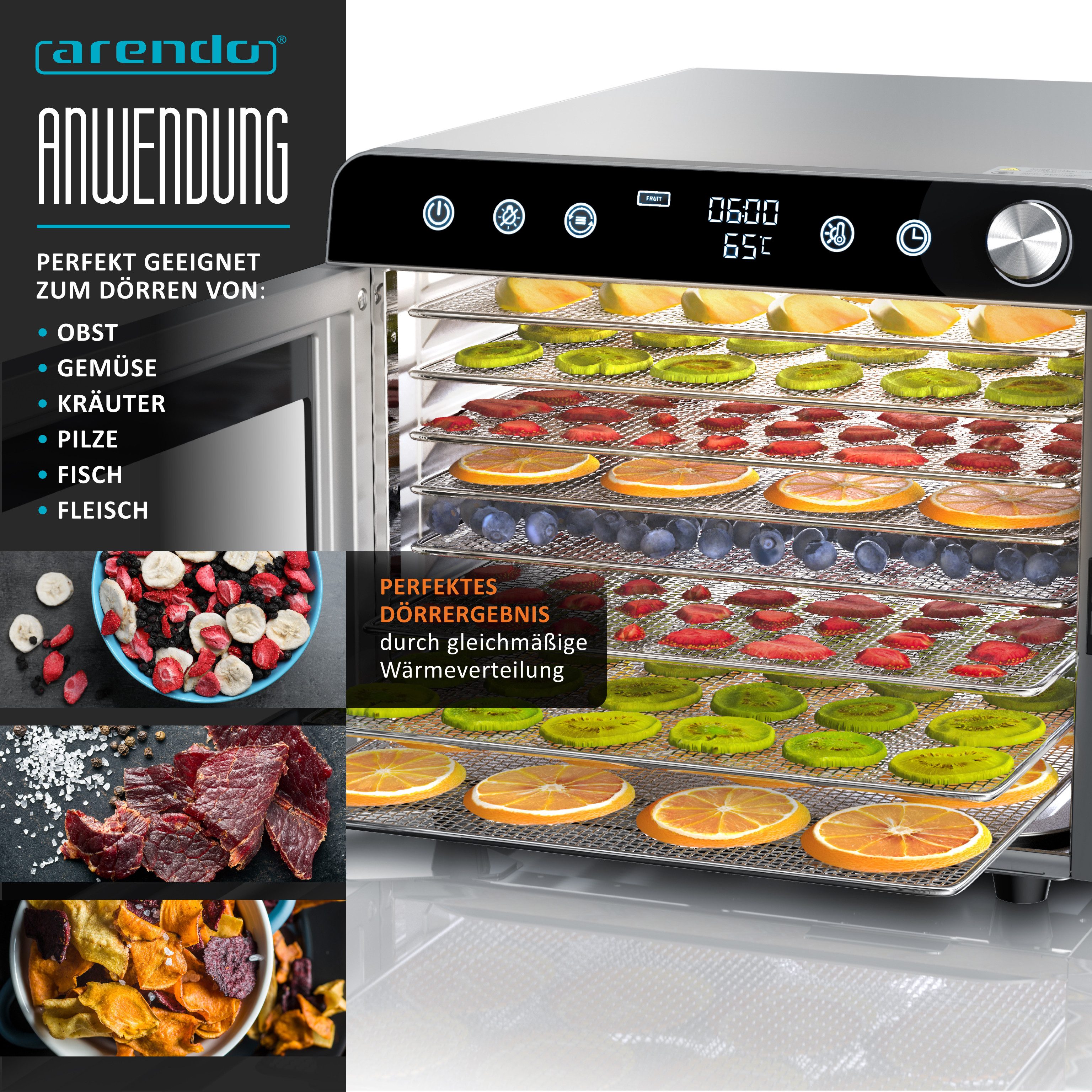 Arendo Dörrautomat Edelstahl, Temperaturregler von 30° bis 85°C, Dörrgerät, Dehydrator 700 W, 8 Etagen, Obst, Fisch, Fleisch Dörrapparat, Obsttrockner, Timer 0, – Bild 4 von 5