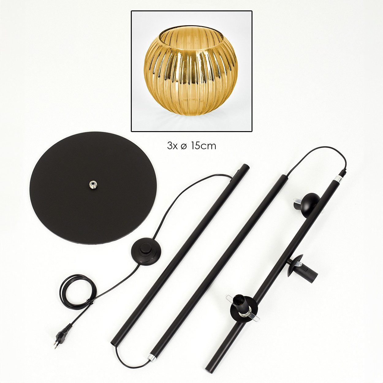 hofstein Stehlampe Stehlampe aus Metall/Riffelglas in Schwarz/Goldfarben, ohne Leuchtmittel, Stehleuchte Retro/Vintage, Ø Schirme 15 cm, Fußschalter, 160 cm, E14