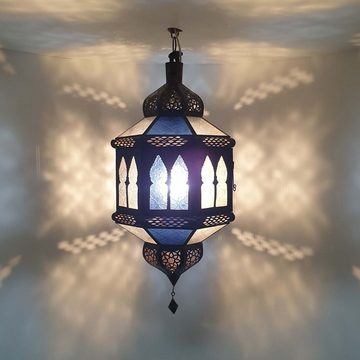 Casa Moro Hängeleuchte Orientalische Lampe Trombia Biban Blau Weiß H 50 cm aus Eisen & Glas, ohne Leuchtmittel, Kunsthandwerk aus Marokko, L1236