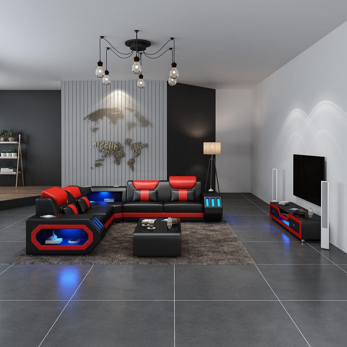 L Schwarz/Rot Form Leder Couchtisch Ecksofa Wohnzimmer-Set, Modern Polster Design Couch Sofa Blau JVmoebel