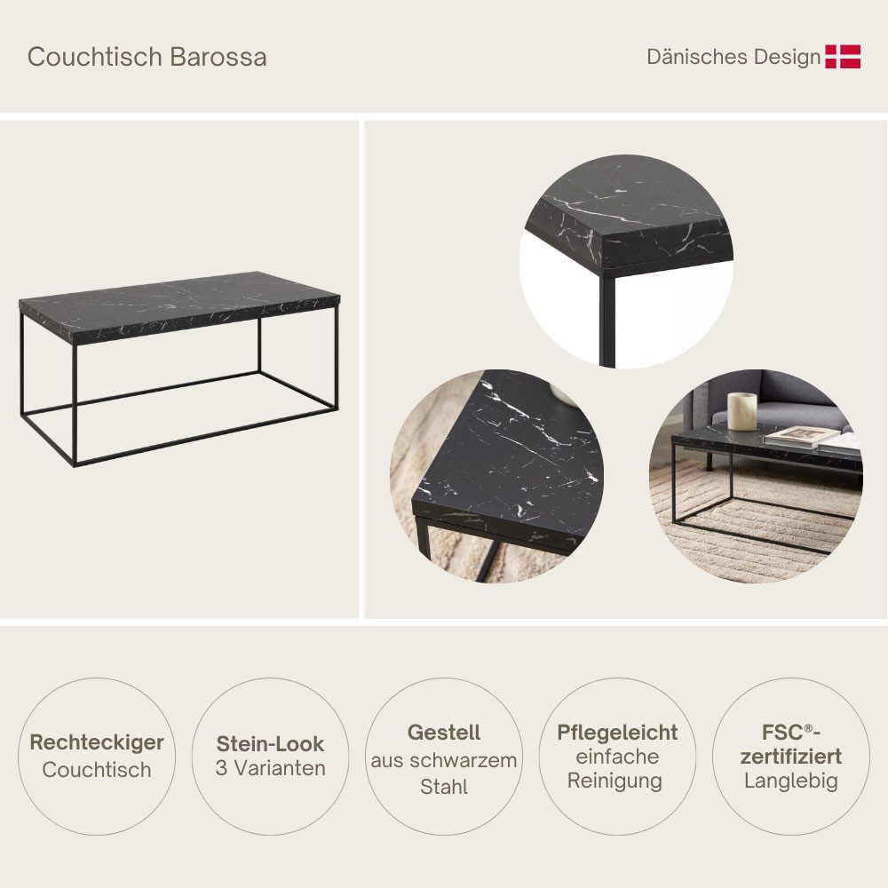 ACTONA GROUP Couchtisch Barossa, Wohnzimmertisch, Sofatisch, Steinoptik, rechteckig, Moderner Scandi-Stil, schwarze Stahlgestell, Mehrere Varianten