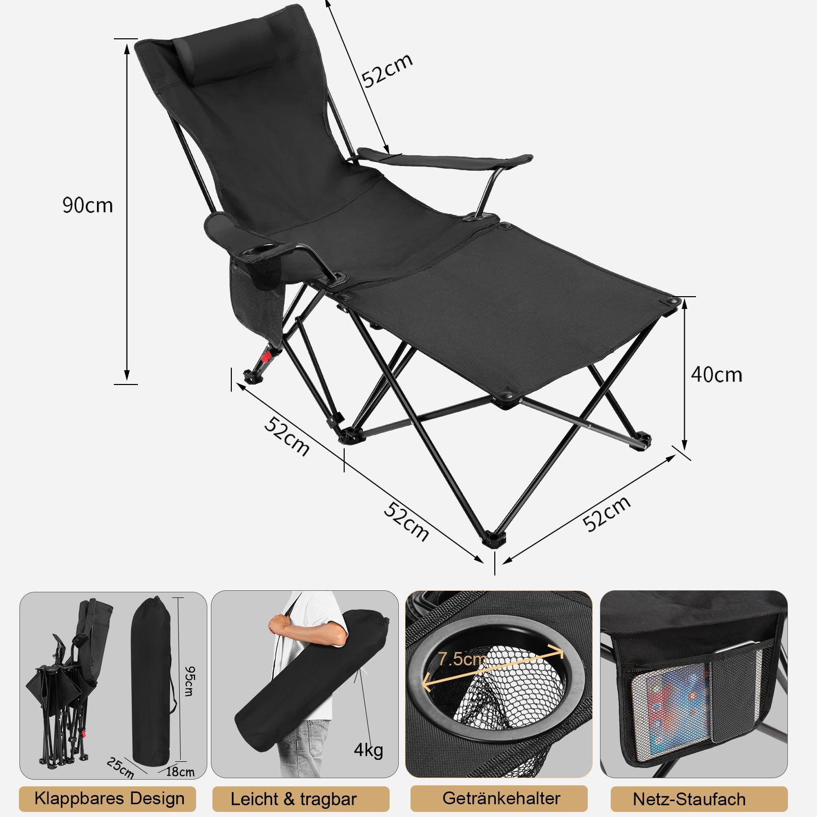 IDEASY Klappstuhl Campingstuhl Faltbar mit Fußablage, günstig online kaufen