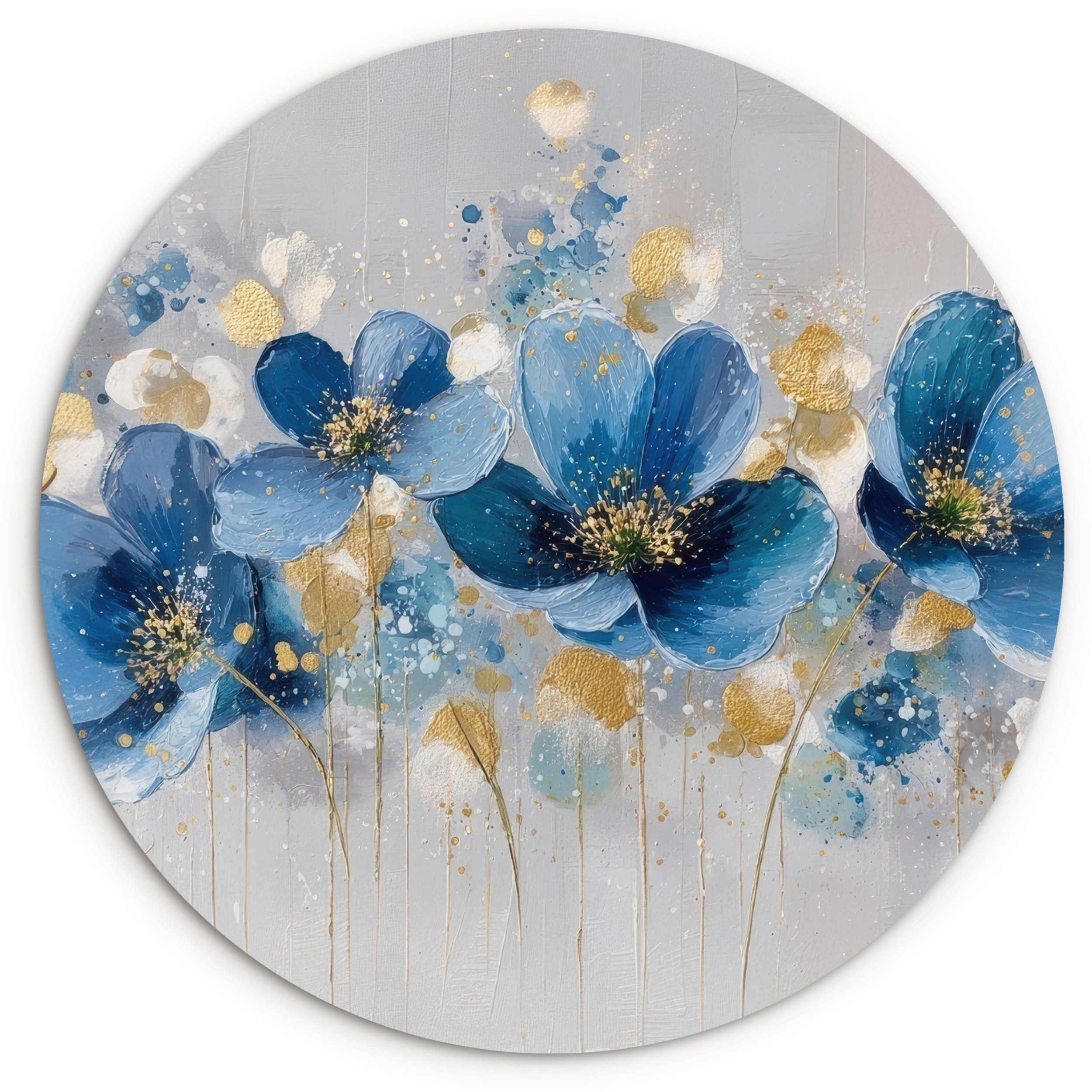 MuchoWow Gemälde Blumen - Blau - Abstrakt, Fotodruck (1 St), Kreis Wanddekoration, Rundes Wandbild, 30x30 cm