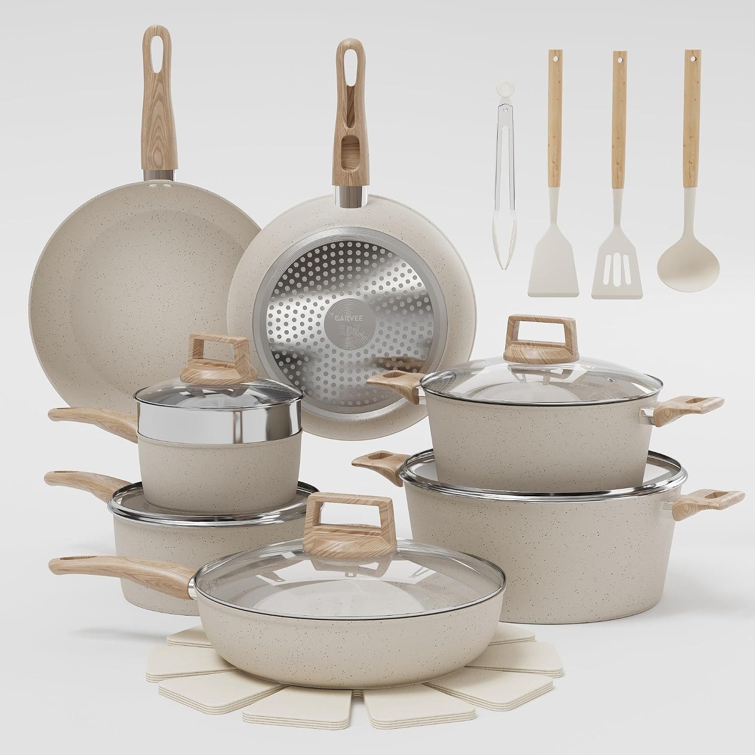 GarveeMore Topf-Set Keramik-Topfset 21tlg. antihaft, abnehmbare Griffe, für Induktion, Aluminium (Set, 21-tlg., Pfannen, Töpfe, Deckel, 2 Silikon-Utensilien, 4 Untersetzer), Keramik-Antihaft,induktionstauglich,abnehmbare Griffe