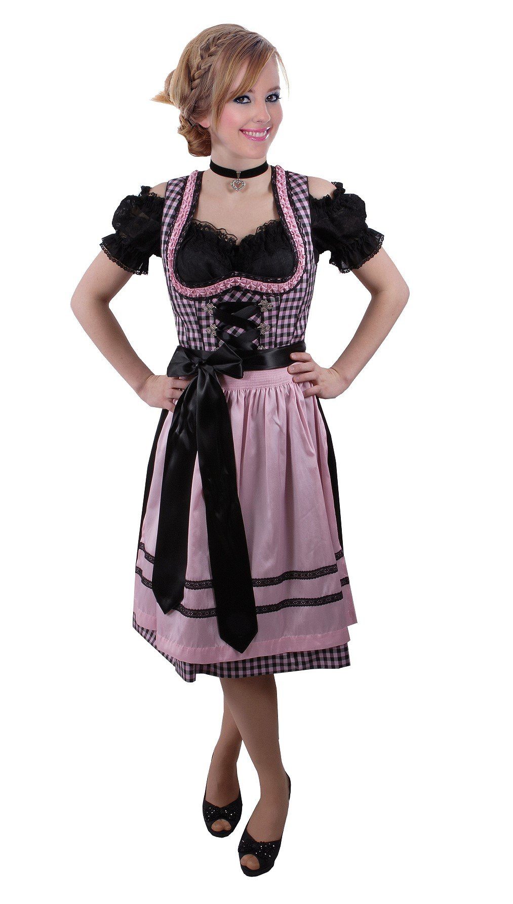 Moschen-Bayern Dirndl Mini-Dirndl kurz Damen - Dirndl Mini Schwarz-Rosa Trachtenkleid Oktoberfest Wiesn-Dirndl 60 cm kurz, kariert, Mini, Trachtenkleid, Dirndl