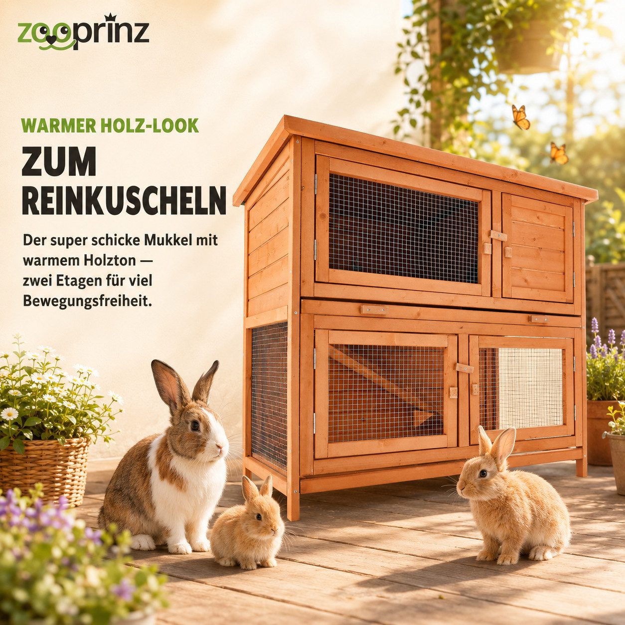 Zooprinz Kleintierstall Mukkel mit Rampe Klappdach auf 2 Etagen, 104x94x55 cm (BxHxT), Lasiertes Massivholz
