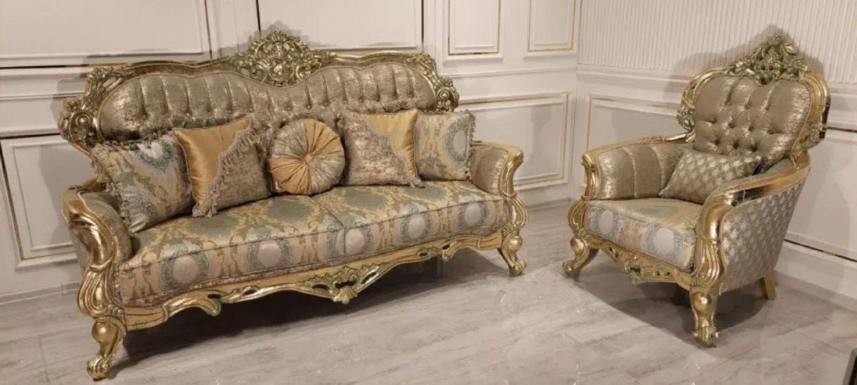 Handgefertigte Prunkvoller Sessel Sessel Padrino / Barock Gold Barock mit Sessel Wohnzimmer Luxus Muster Möbel - / Casa Wohnzimmer - elegantem Gold Grün