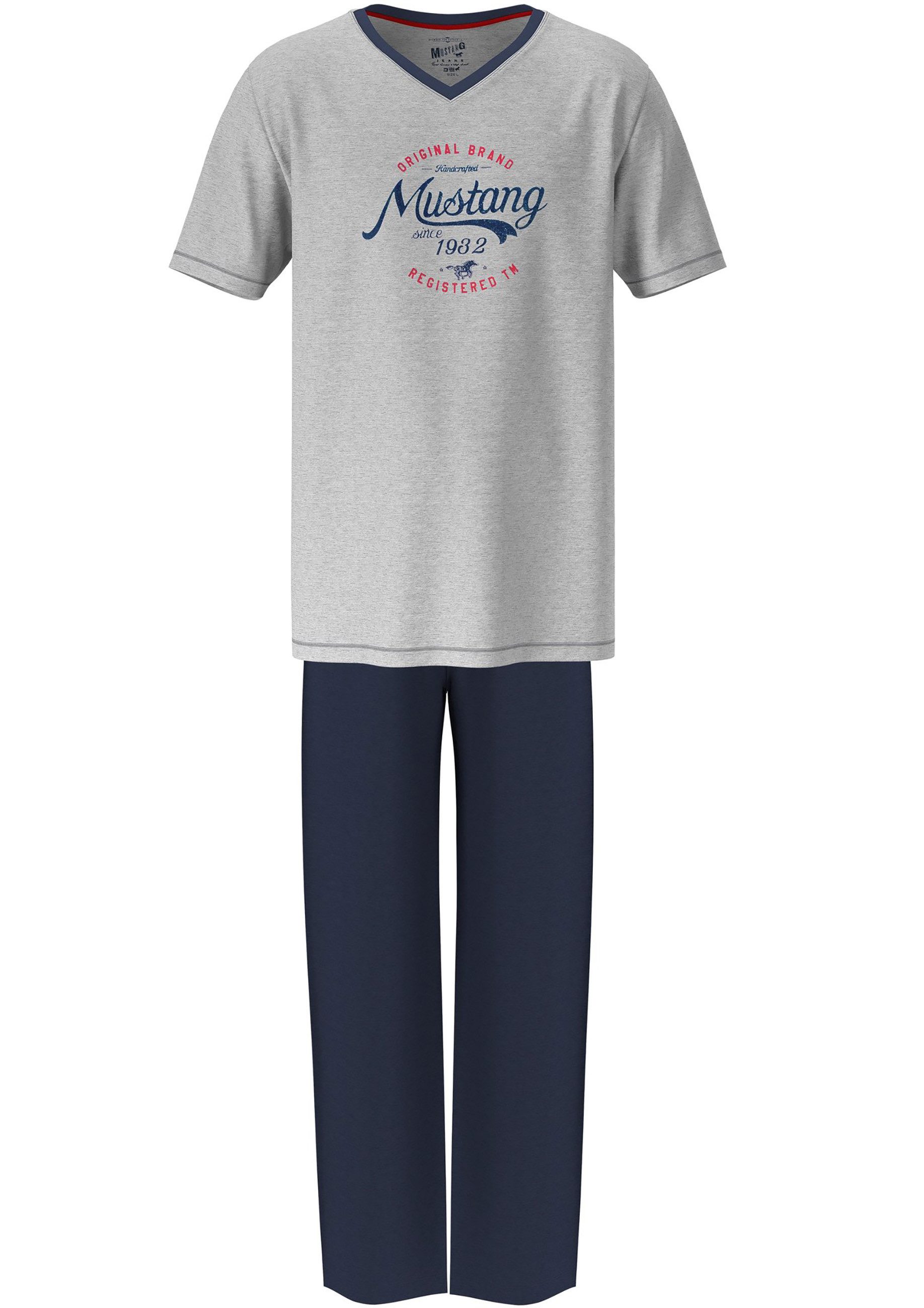 MUSTANG Schlafanzug Pyjama-Set T-Shirt Long Pants lange Hose Schlafkombi Nachtwäsche (2 tlg) Oberteil graumelange, Pants navy – Bild 4 von 5
